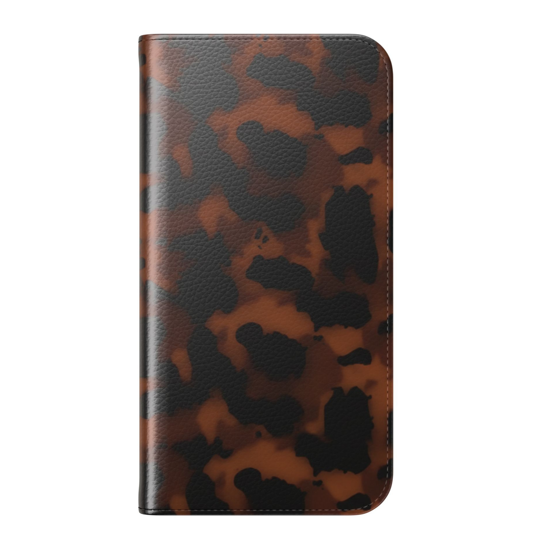 Brown leopard print folio phone case wallet cover with card holder and foldable leather design for women compatible with iPhone 17 Pro Max and Samsung Galaxy S26 Ultra.