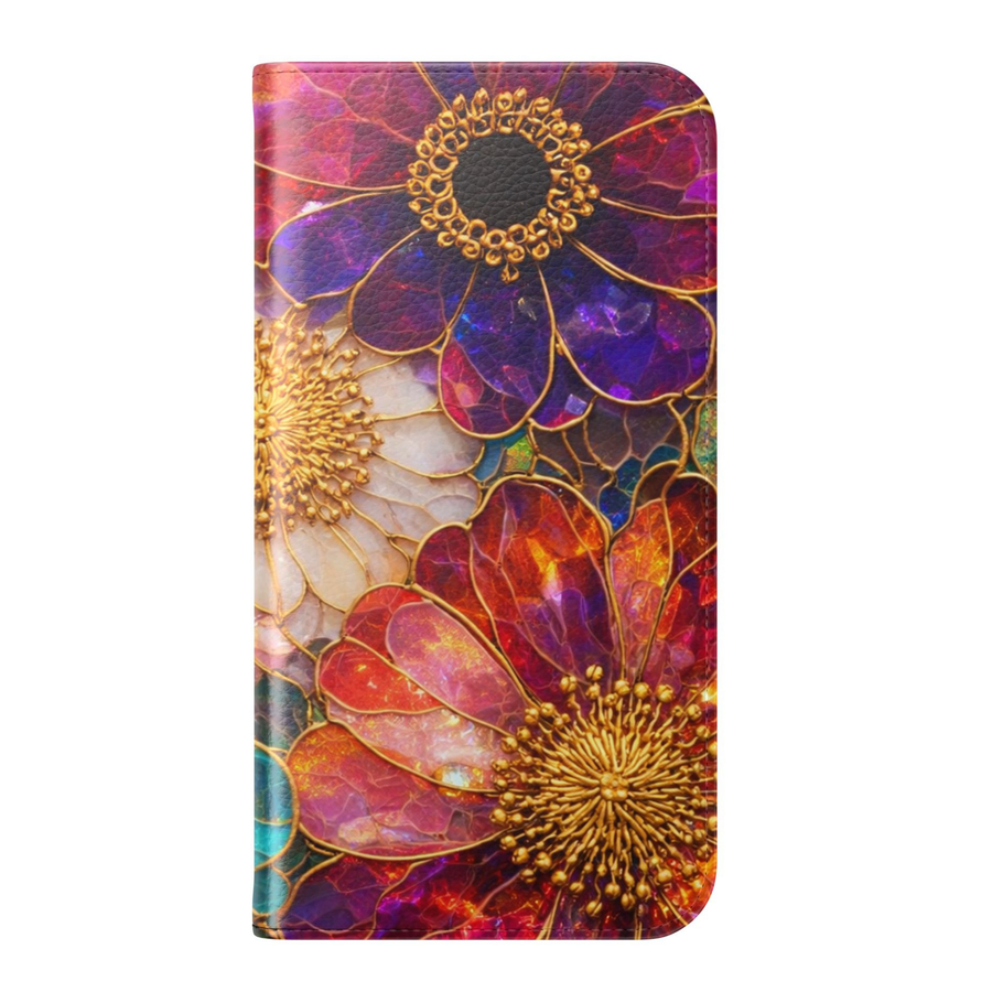 ridescent stained glass floral folio phone case with teal purple gold opal effect leather wallet cover for iPhone 17 Pro Max and Samsung Galaxy S26 Ultra.