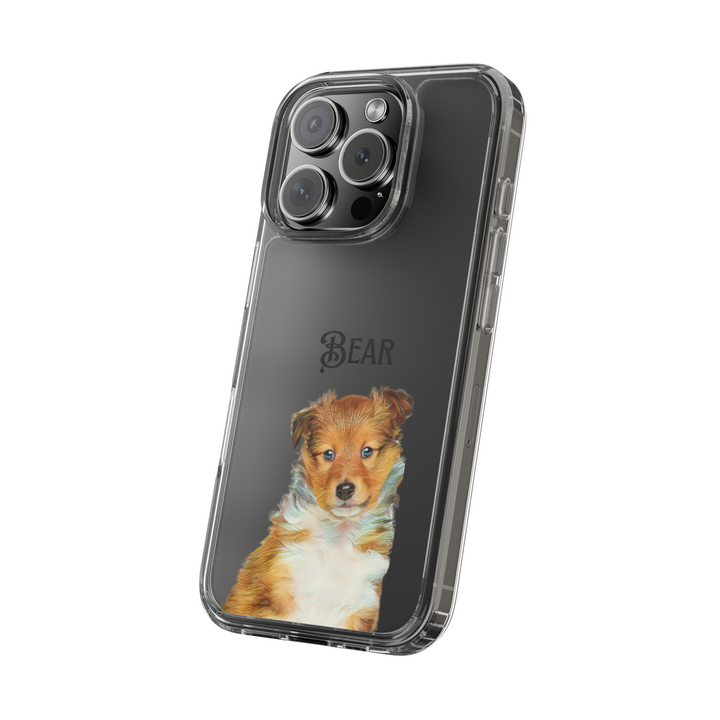 Custom pet portrait iPhone case featuring a realistic dog illustration with a personalized name. Clear phone cover for iPhone 15, 14, 13, 12 Pro Max and more. A perfect personalized gift for pet lovers.