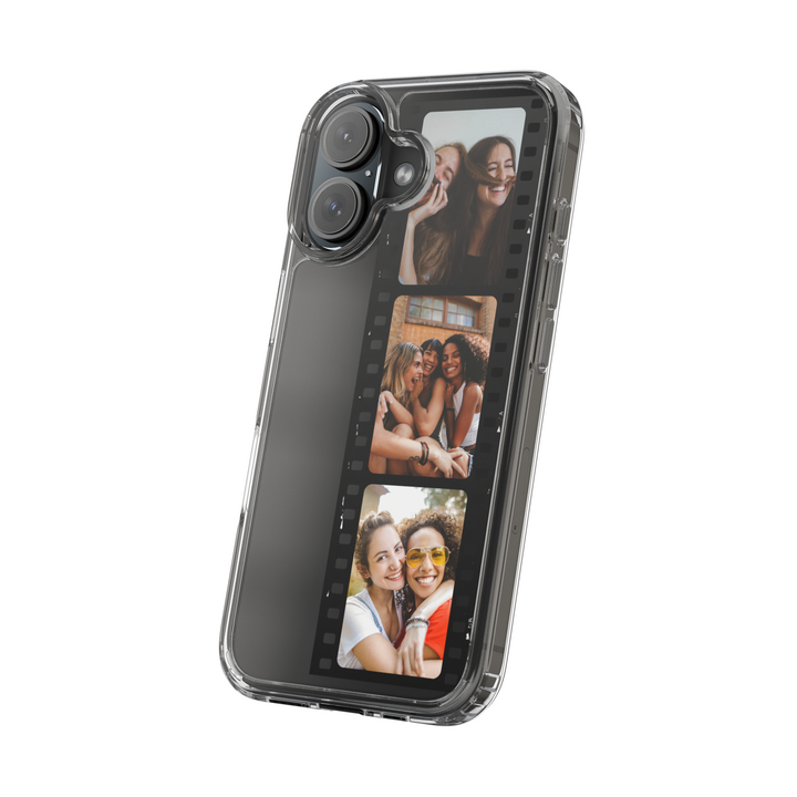 Personalized iPhone case with custom film strip photo design. Create a unique memory phone cover featuring your favorite pictures. Compatible with iPhone 15, 14, 13, 12 Pro Max.