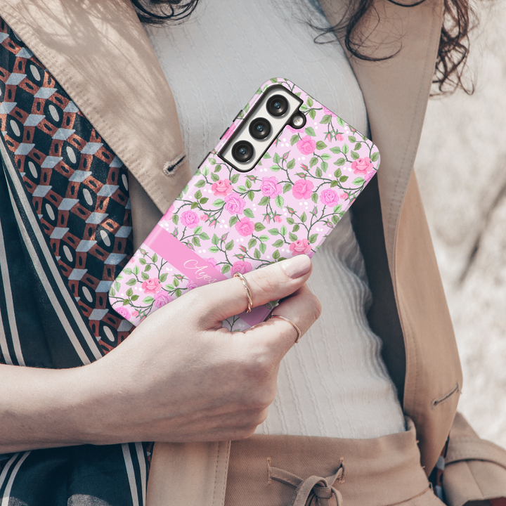 Custom name pink rose floral phone case, girly tough case for iPhone and Samsung, spring personalized phone cover with cute flower print