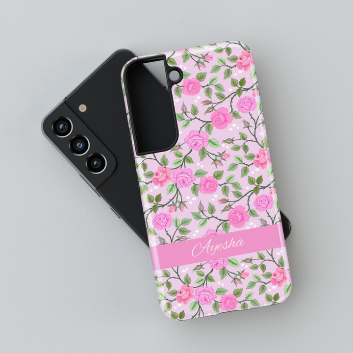 Custom name pink rose floral phone case, girly tough case for iPhone and Samsung, spring personalized phone cover with cute flower print