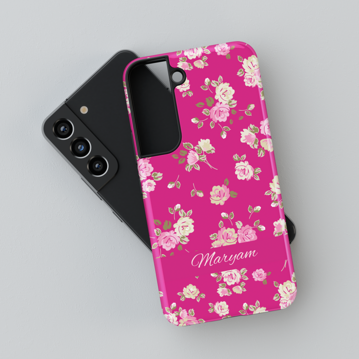 Bright pink floral phone case with custom name, spring flower pattern iPhone Samsung cover, girly tough phone case with rose print design