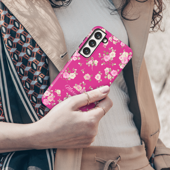 Bright pink floral phone case with custom name, spring flower pattern iPhone Samsung cover, girly tough phone case with rose print design