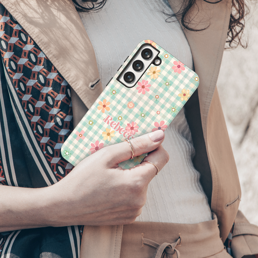 Personalized pastel floral gingham Samsung Galaxy phone case. Cute and aesthetic protective cover for Galaxy S25 Ultra, S24 FE, S23, and more.