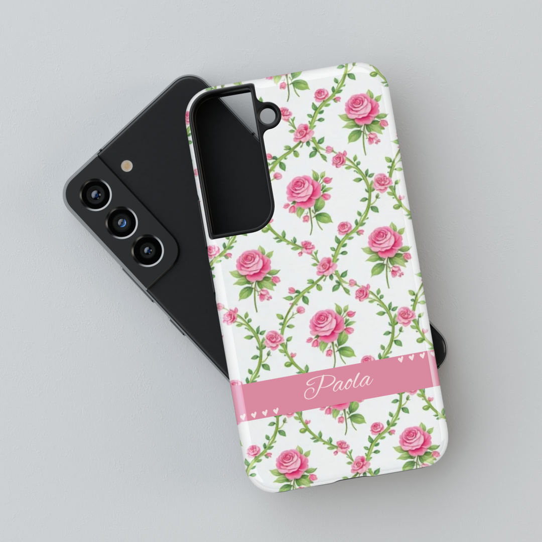 White floral phone case with pink roses and personalized name, custom spring rose iPhone Samsung cover, girly tough phone case gift for her