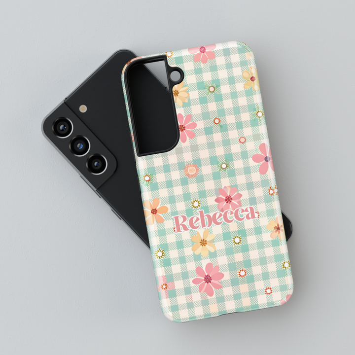 Personalized pastel floral gingham Samsung Galaxy phone case. Cute and aesthetic protective cover for Galaxy S25 Ultra, S24 FE, S23, and more.