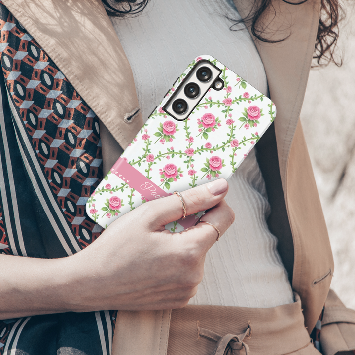 White floral phone case with pink roses and personalized name, custom spring rose iPhone Samsung cover, girly tough phone case gift for her