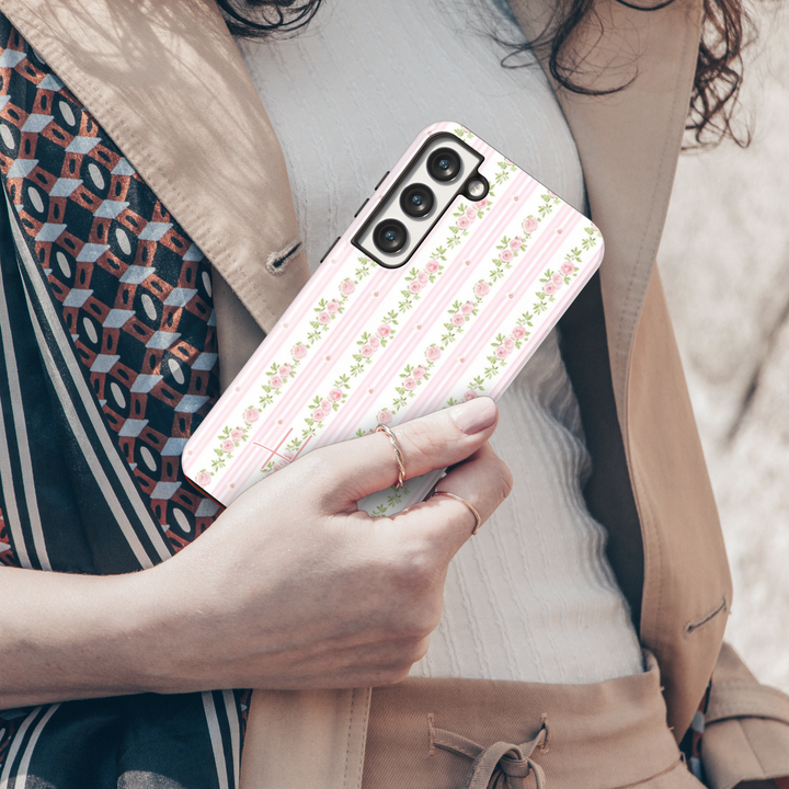 Personalized pink floral stripe Samsung Galaxy phone case. Elegant and feminine protective cover for Galaxy S25 Ultra, S24 FE, S23, and more.

