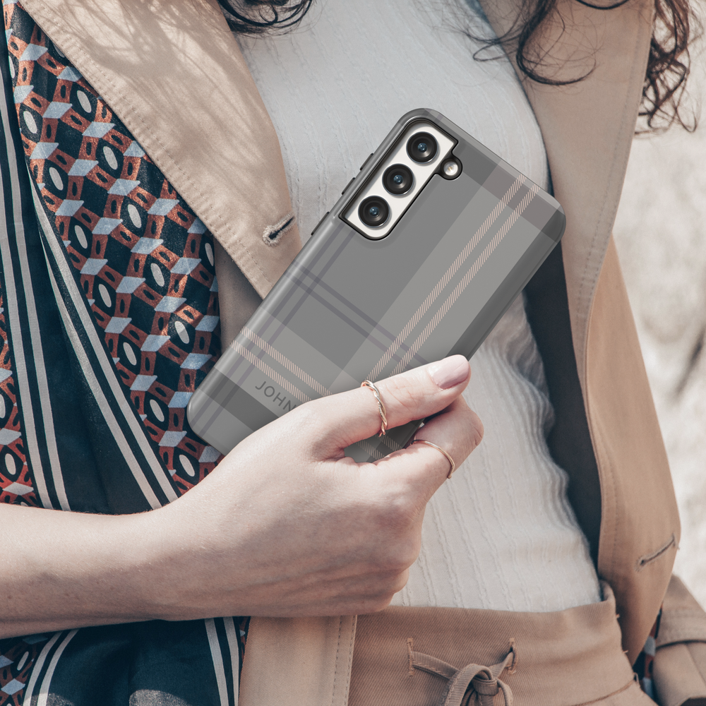 Custom name gray plaid Samsung Galaxy phone case. Sleek and sophisticated protective cover for Galaxy S25 Ultra, S24 FE, S23, and more.