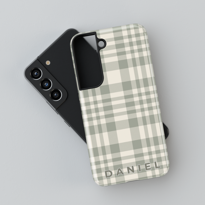 Personalized sage green plaid Samsung Galaxy phone case with a custom name design. Chic and stylish protective cover for Galaxy S25 Ultra, S24 FE, and more.