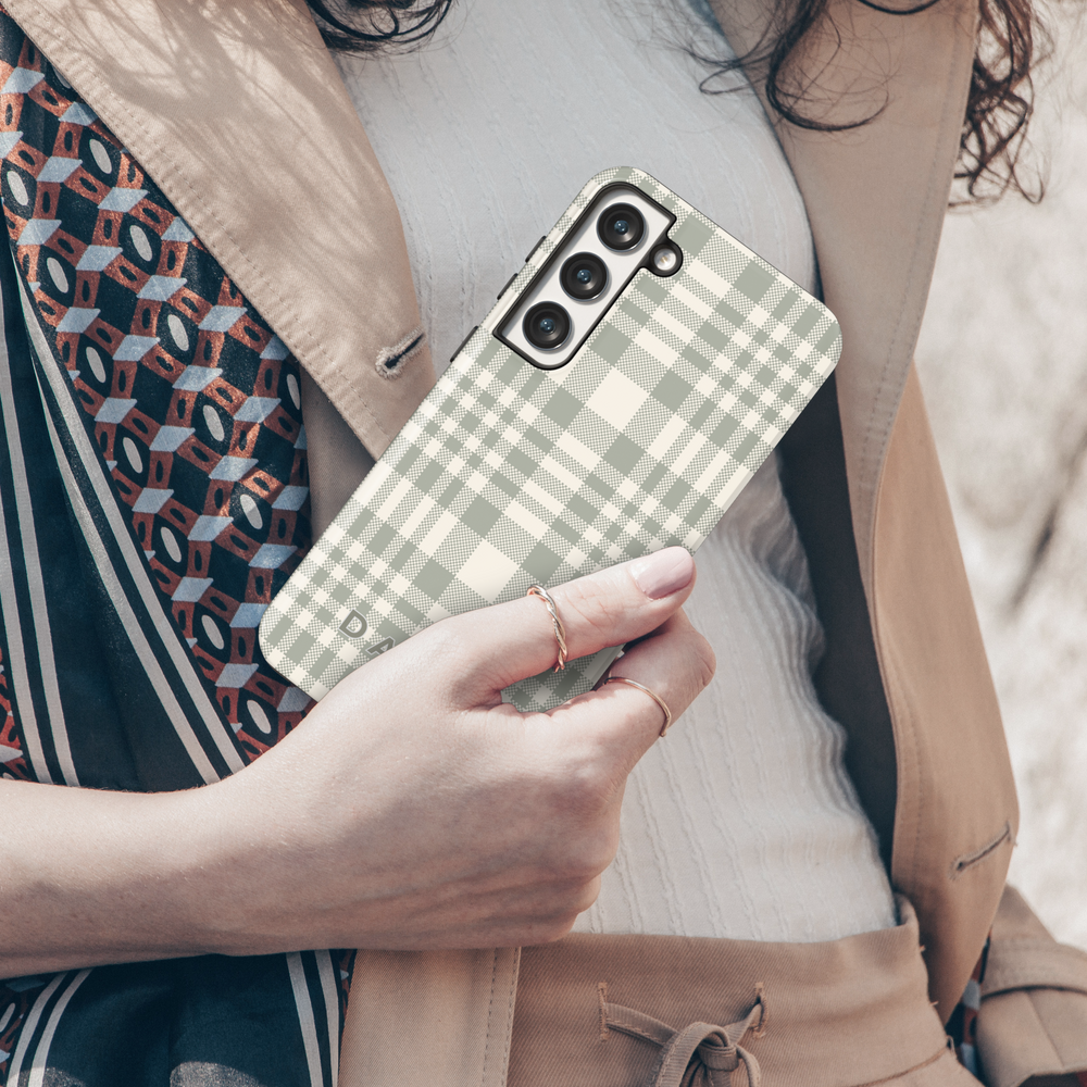 Personalized sage green plaid Samsung Galaxy phone case with a custom name design. Chic and stylish protective cover for Galaxy S25 Ultra, S24 FE, and more.