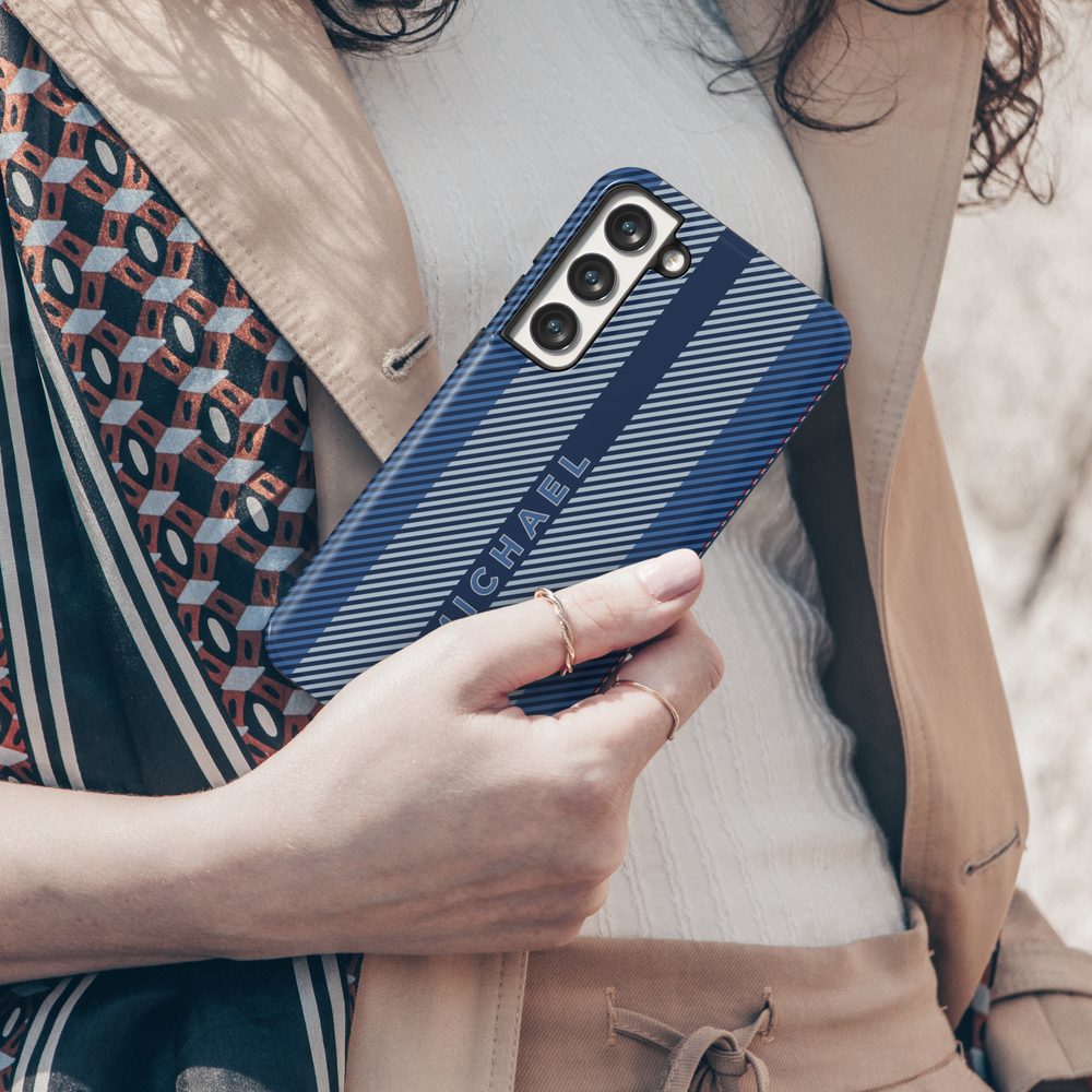 Personalized navy blue striped Samsung Galaxy phone case with a custom name design. Sleek and modern protective cover for Galaxy S25 Ultra, S24 FE, and more.