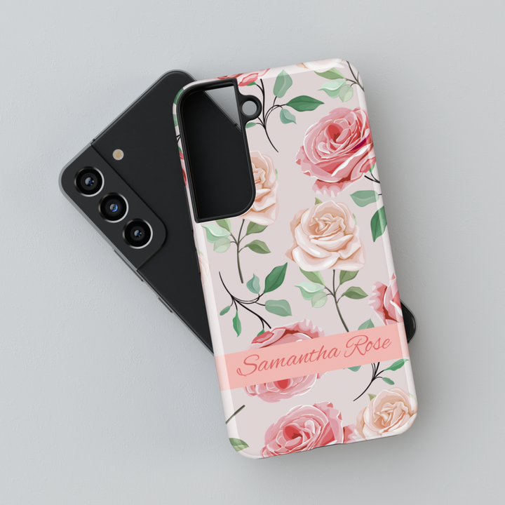 Personalized pink rose phone case for iPhone and Samsung, custom floral tough case with name, romantic spring flower design, girly case