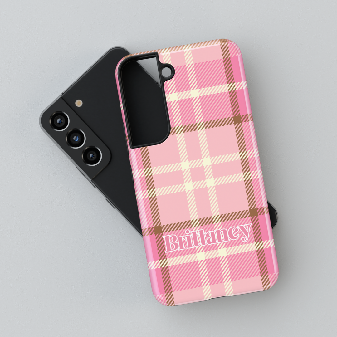 Personalized pink plaid Samsung Galaxy phone case with a custom name design. Aesthetic and stylish protective cover for Galaxy S25 Ultra, S24 FE, and more.