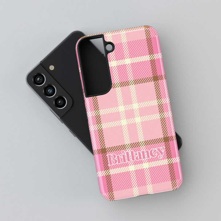 Personalized pink plaid Samsung Galaxy phone case with a custom name design. Aesthetic and stylish protective cover for Galaxy S25 Ultra, S24 FE, and more.