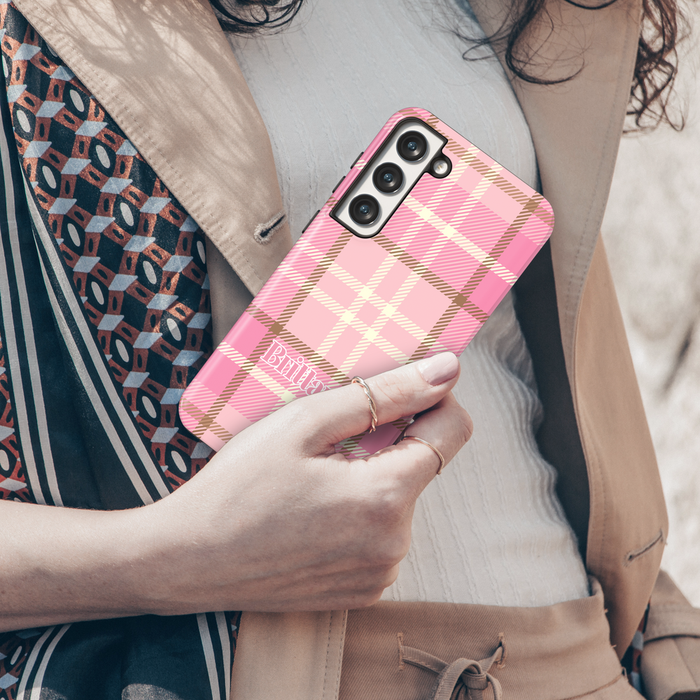 Personalized pink plaid Samsung Galaxy phone case with a custom name design. Aesthetic and stylish protective cover for Galaxy S25 Ultra, S24 FE, and more.