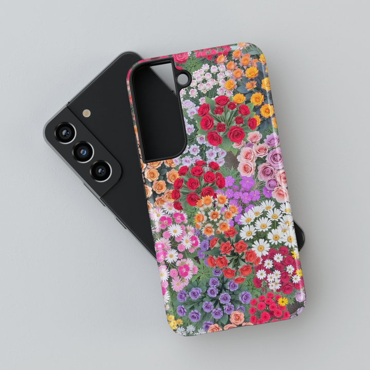 Vibrant floral Samsung Galaxy S25 Ultra, S24 FE, S24 Ultra phone case featuring a stunning array of multicolored roses, daisies, and blossoms. Aesthetic and chic botanical design for a stylish spring look.