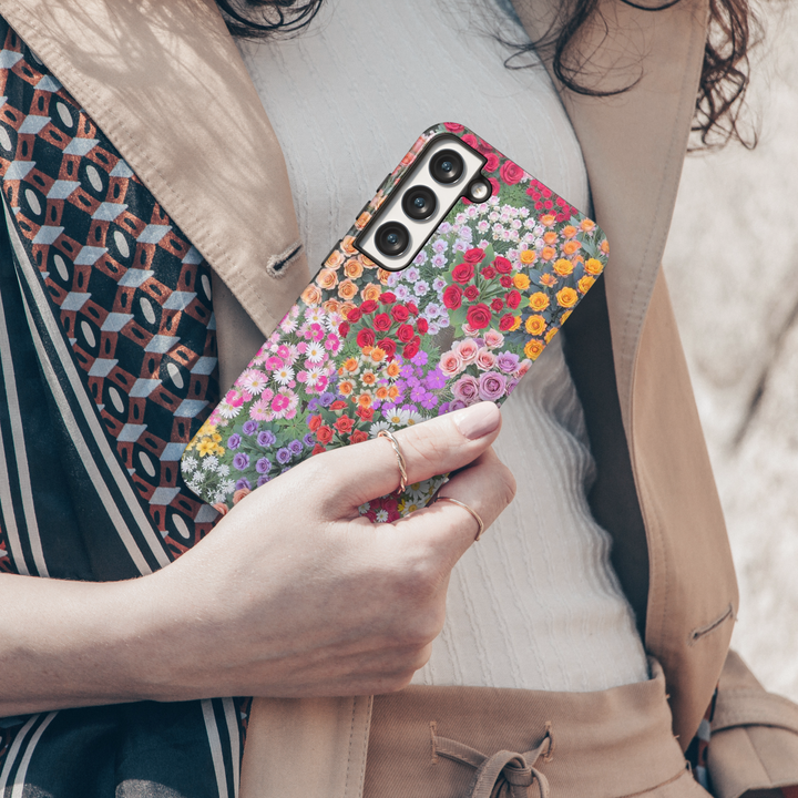 Vibrant floral Samsung Galaxy S25 Ultra, S24 FE, S24 Ultra phone case featuring a stunning array of multicolored roses, daisies, and blossoms. Aesthetic and chic botanical design for a stylish spring look.