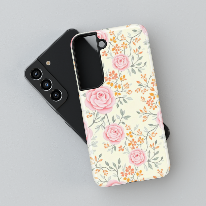 Cute floral Samsung Galaxy S25 Ultra, S24 FE, S24 Ultra phone case featuring a golden retriever holding flowers in a vibrant spring garden. Aesthetic pet lover’s design with colorful flowers.