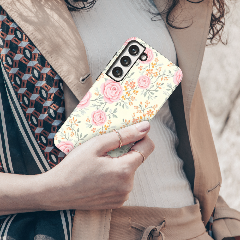 Cute floral Samsung Galaxy S25 Ultra, S24 FE, S24 Ultra phone case featuring a golden retriever holding flowers in a vibrant spring garden. Aesthetic pet lover’s design with colorful flowers.