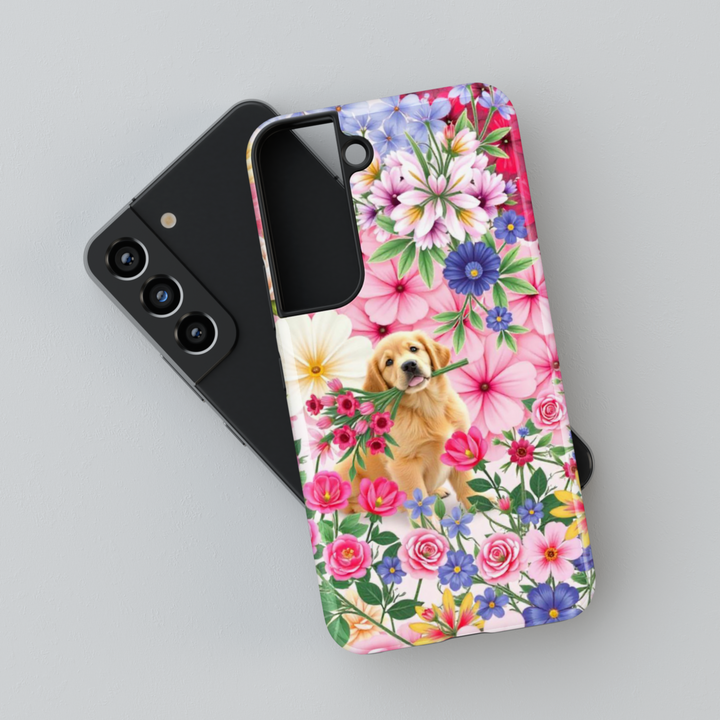 Cute floral Samsung Galaxy S25 Ultra, S24 FE, S24 Ultra phone case featuring a golden retriever holding flowers in a vibrant spring garden. Aesthetic pet lover’s design with colorful flowers.