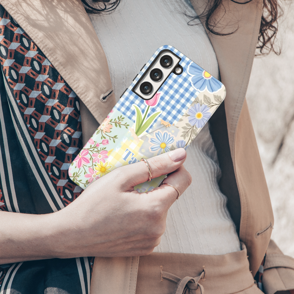 Spring-inspired patchwork Samsung Galaxy phone case with personalized name. Aesthetic floral and gingham design for Galaxy S25 Ultra, S24 FE, and more.