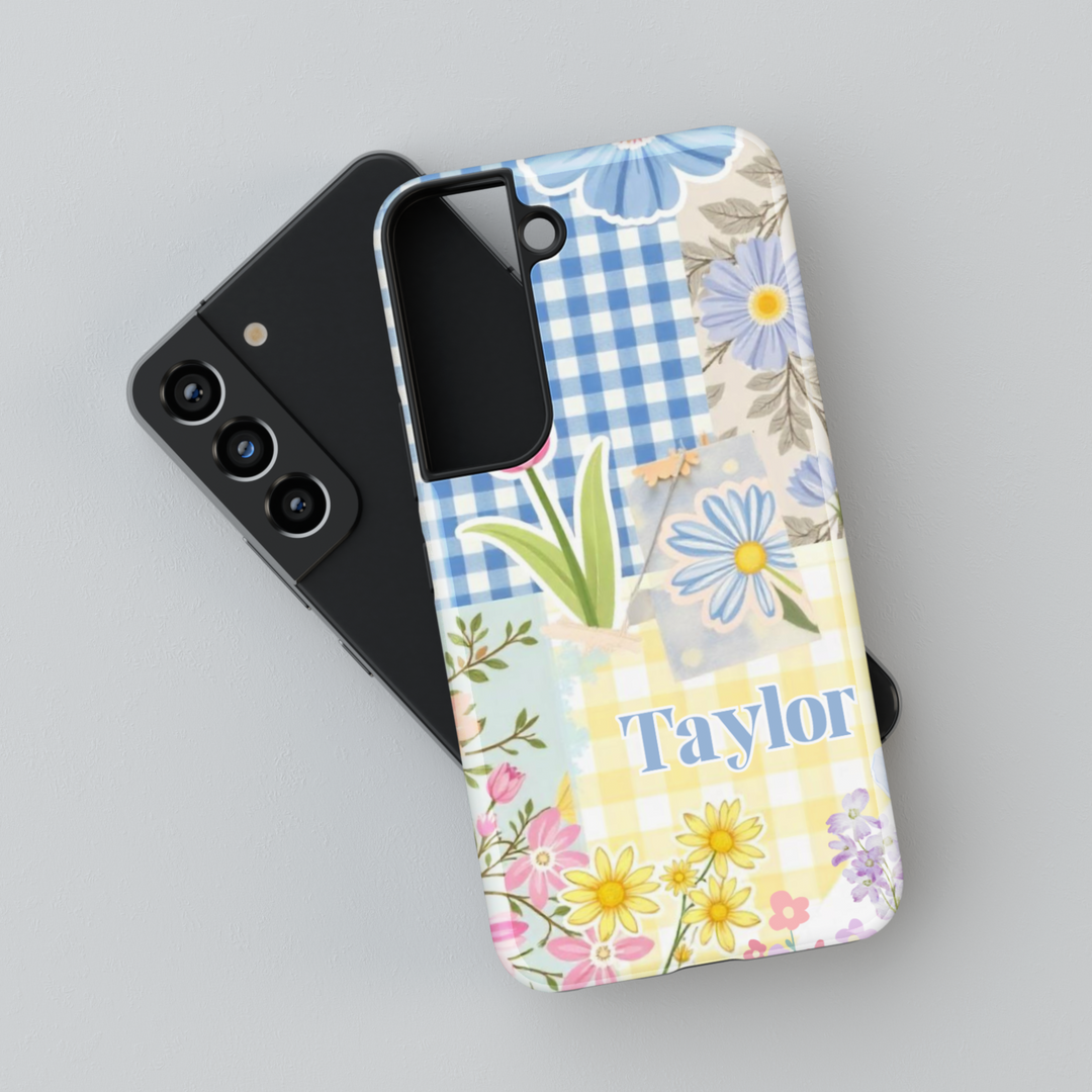 Spring-inspired patchwork Samsung Galaxy phone case with personalized name. Aesthetic floral and gingham design for Galaxy S25 Ultra, S24 FE, and more.