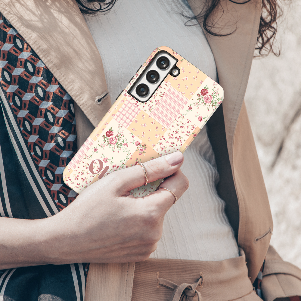 Vintage floral patchwork Samsung Galaxy phone case with personalized name. Chic and aesthetic protective cover for Galaxy S25 Ultra, S24 FE, S23, and more.