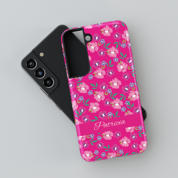 Bright pink personalized floral phone case with custom name, small flower pattern iPhone Samsung cover, girly spring tough case design