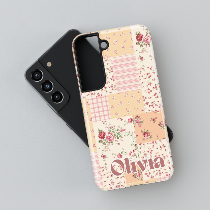 Vintage floral patchwork Samsung Galaxy phone case with personalized name. Chic and aesthetic protective cover for Galaxy S25 Ultra, S24 FE, S23, and more.