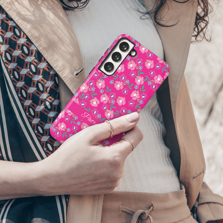 Bright pink personalized floral phone case with custom name, small flower pattern iPhone Samsung cover, girly spring tough case design