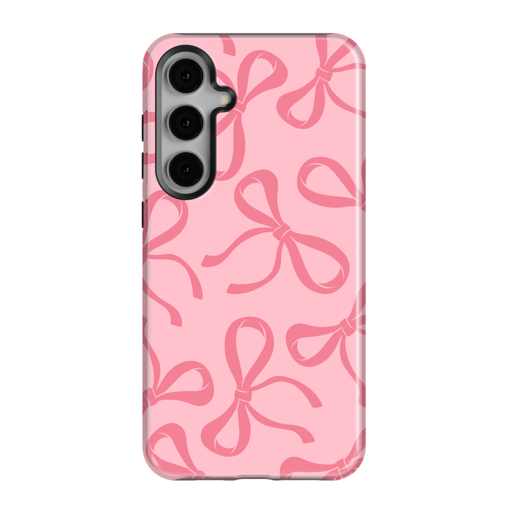 Red Samsung Galaxy case with large pink bow pattern – bold coquette aesthetic phone cover for women, glossy and protective