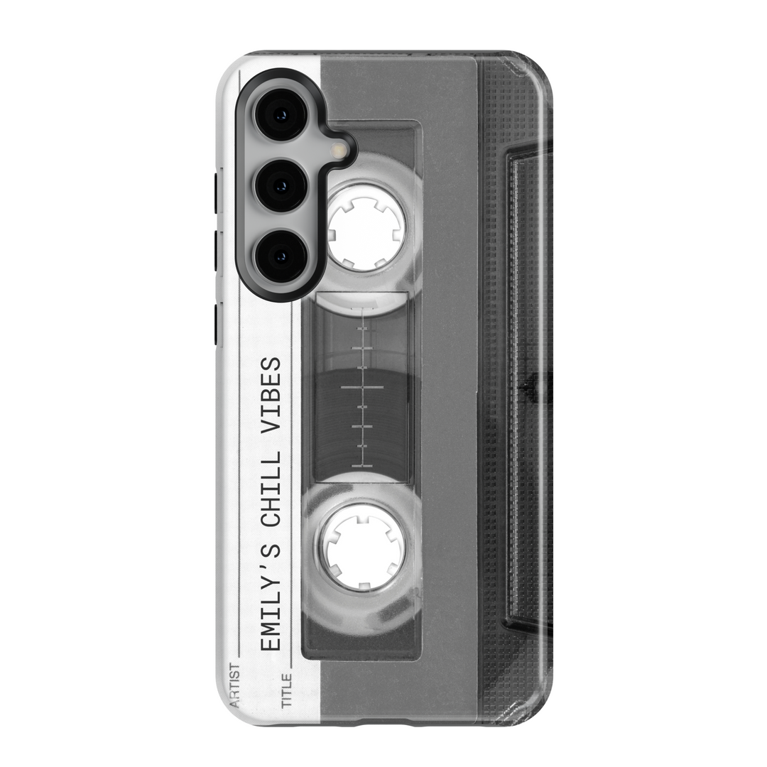 Black and white retro cassette Galaxy case with 'Emily's Chill Vibes' text – custom vintage mixtape phone cover
