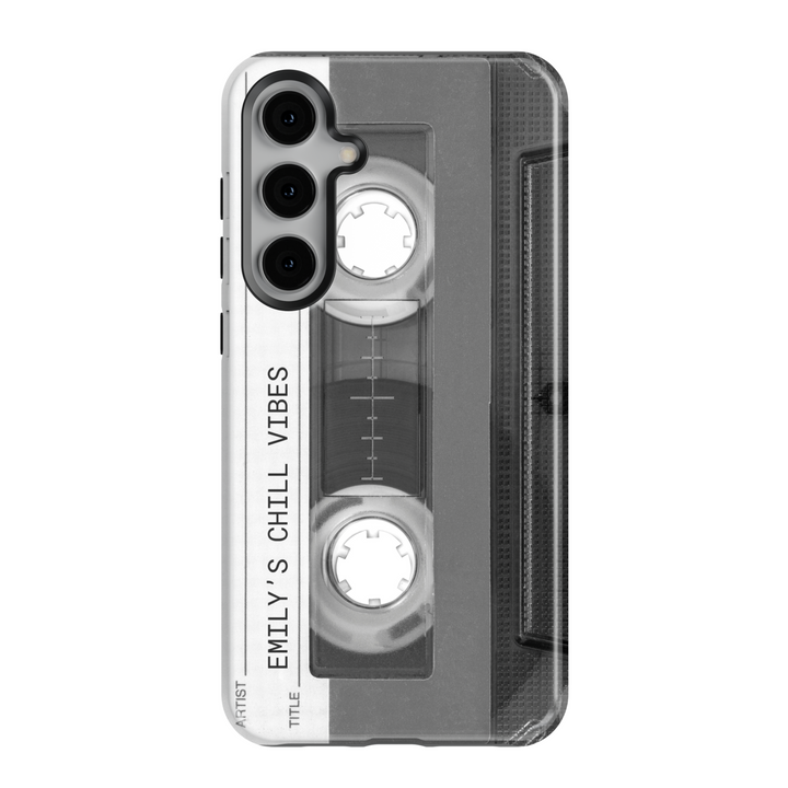 Black and white retro cassette Galaxy case with 'Emily's Chill Vibes' text – custom vintage mixtape phone cover