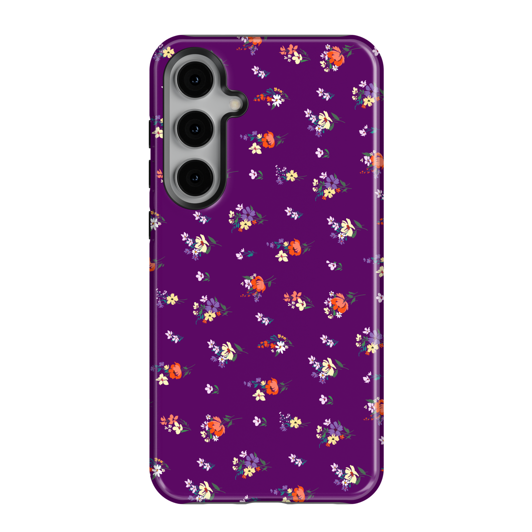Purple Samsung Galaxy case with colorful mini floral pattern – stylish girly flower print phone cover for women