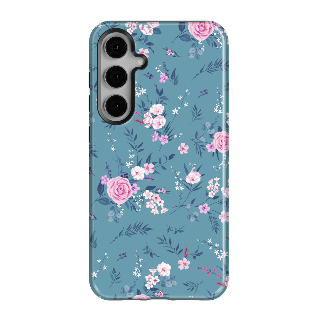 Teal Samsung Galaxy case with pink and white floral design – elegant garden aesthetic protective phone cover for women