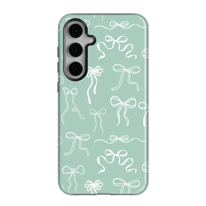 Mint green Samsung Galaxy case with white ribbon bow pattern – soft coquette aesthetic girly protective phone cover for women