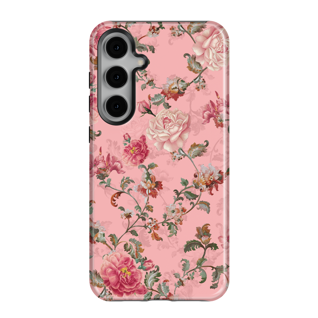 Galaxy case with vintage rose floral pattern on blush pink background – romantic feminine phone cover
