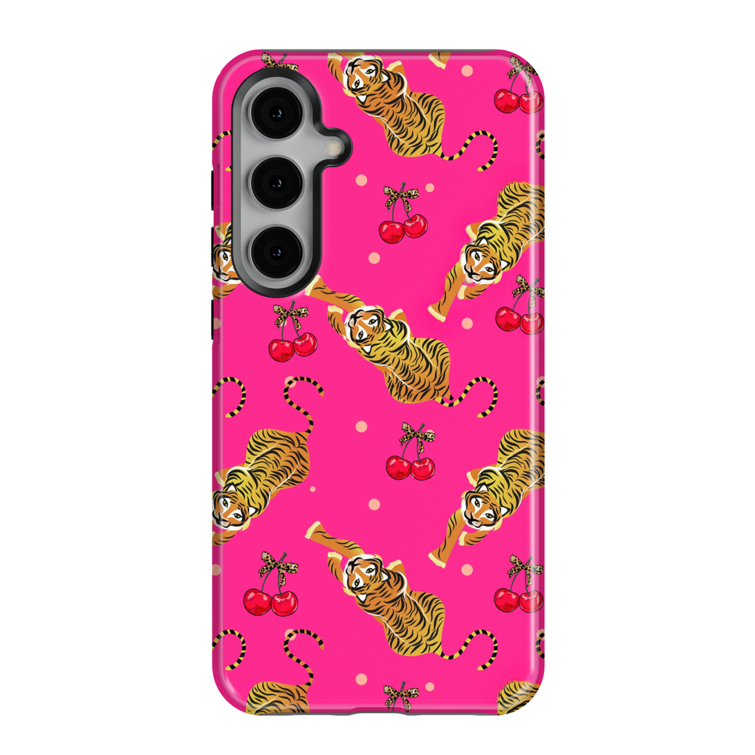 Hot pink Galaxy case with playful tiger and cherry pattern, featuring leopard print bows – bold and fun Samsung phone cover