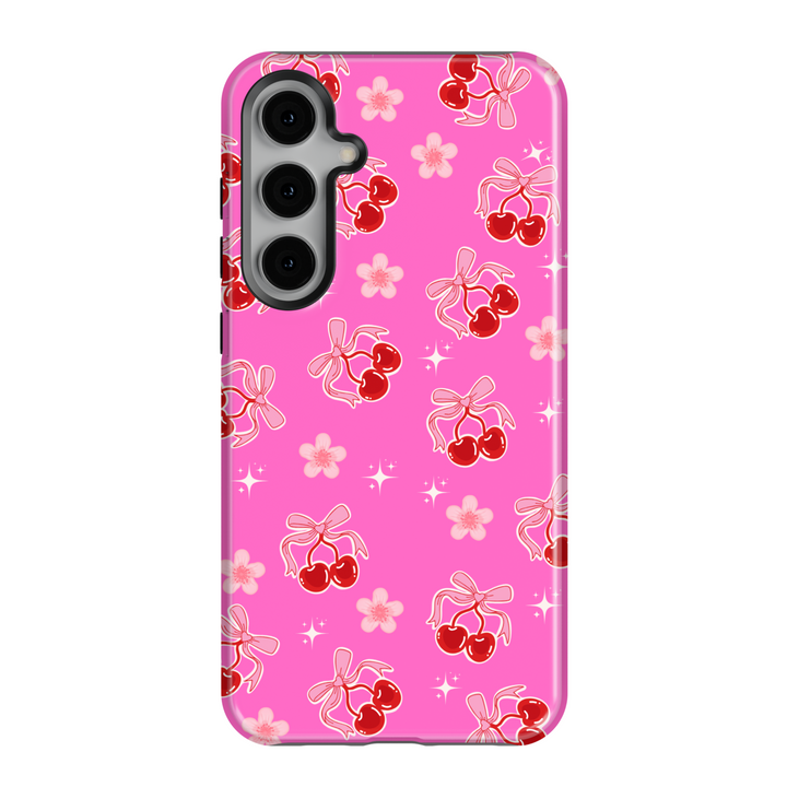 Coquette pink Samsung Galaxy case with red cherries, heart bows, and floral accents – cute girly aesthetic protective phone cover