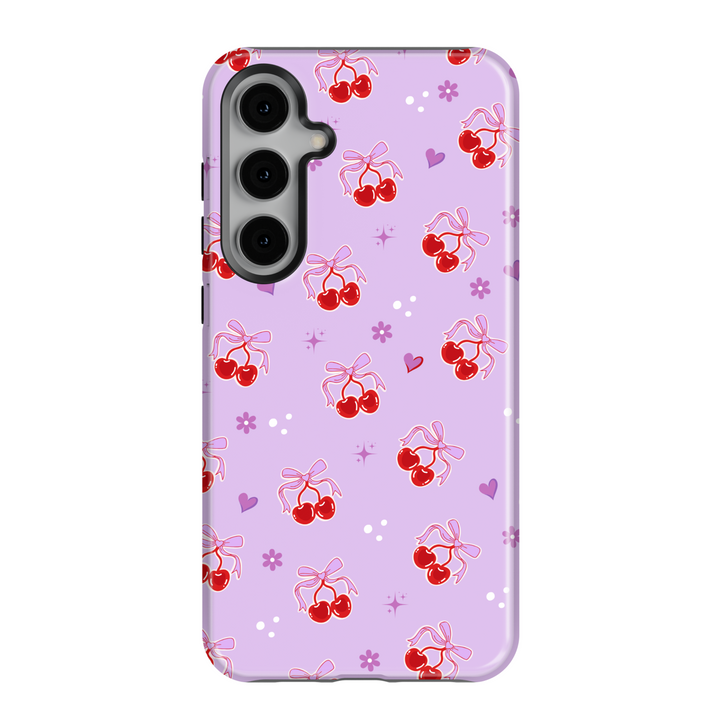 Coquette Purple Samsung Galaxy case with red cherries, heart bows, and floral accents – cute girly aesthetic protective phone cover