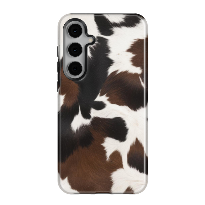 Brown and white cow print Samsung Galaxy phone case – realistic furry pattern western aesthetic protective cover for women