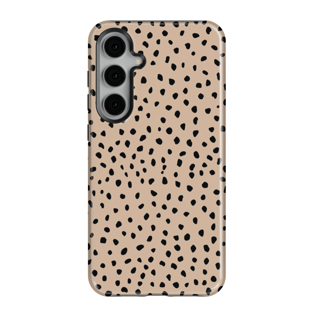 Beige Samsung Galaxy case with minimalist black speckle pattern – trendy neutral aesthetic phone cover for women