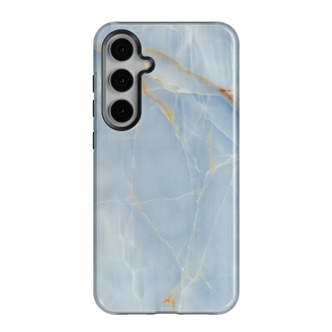 Minimal light blue marble Samsung Galaxy case with gold crack detail – elegant glossy protective phone cover for women