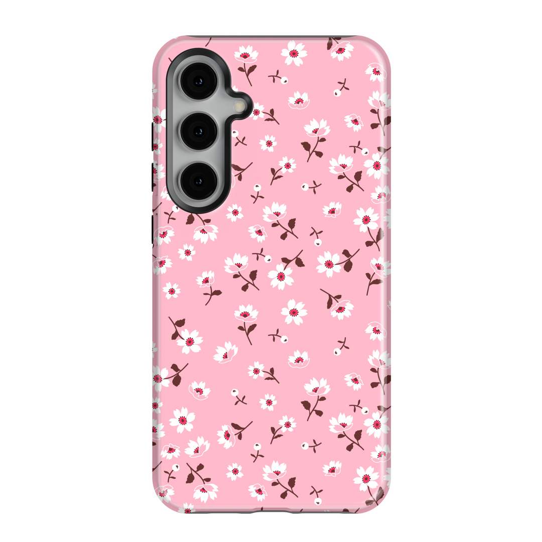 Pink floral Galaxy phone case with small white flowers and red accents – cute girly phone case