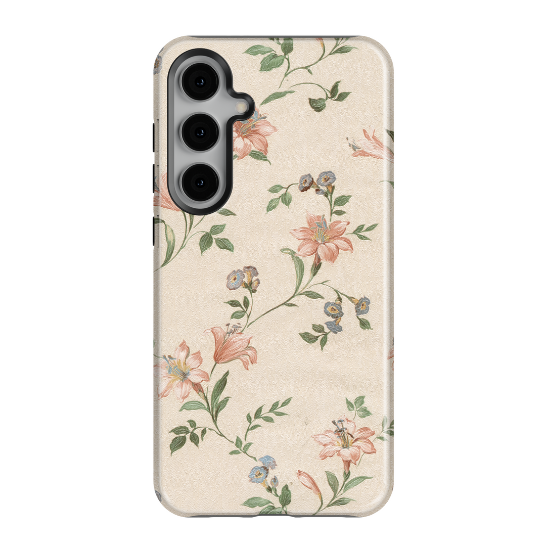 Beige vintage floral Samsung Galaxy case with peach lilies and blue wildflowers – romantic retro botanical phone cover