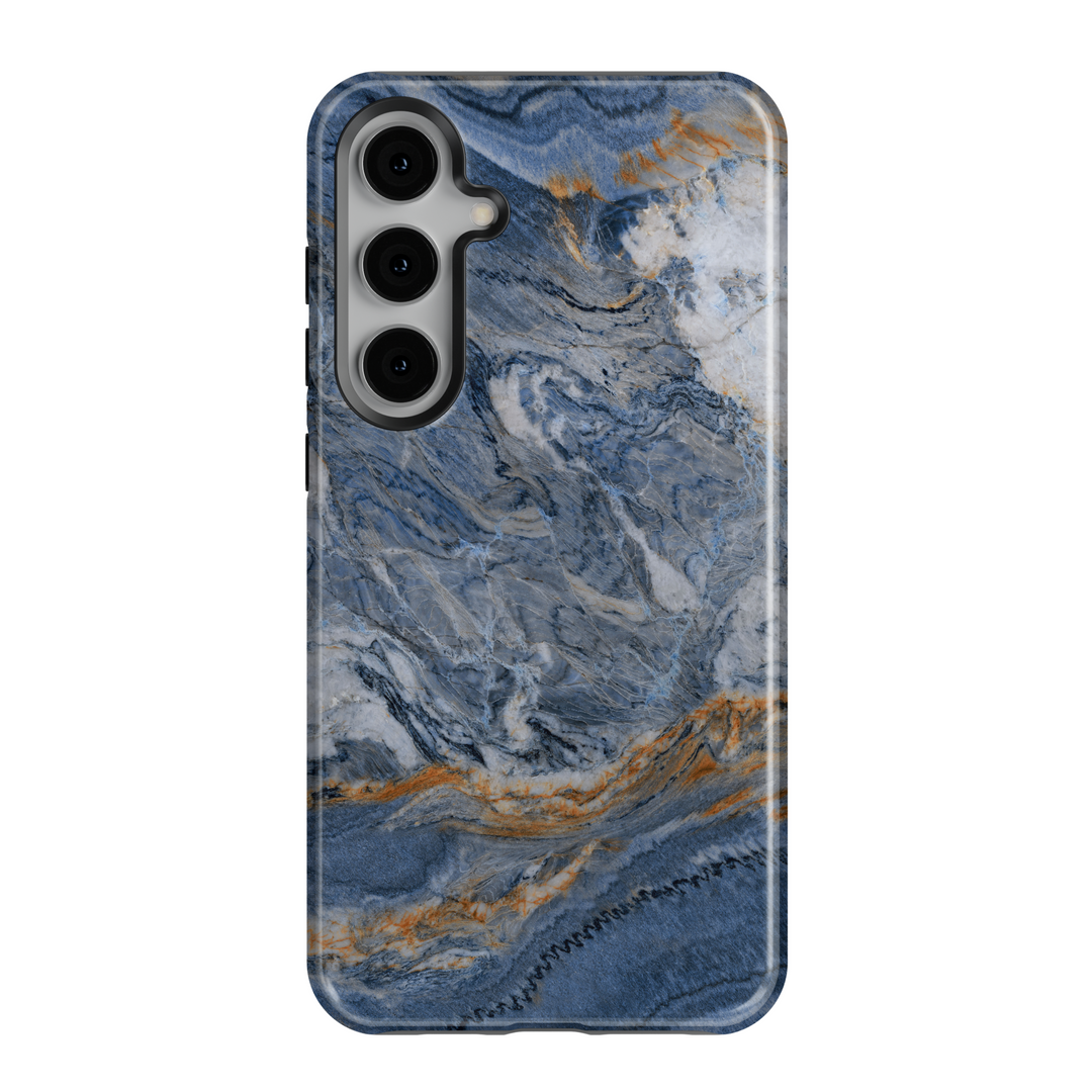 Elegant Samsung Galaxy case with blue marble swirl design – moody and artistic stone-inspired protective phone cover for women