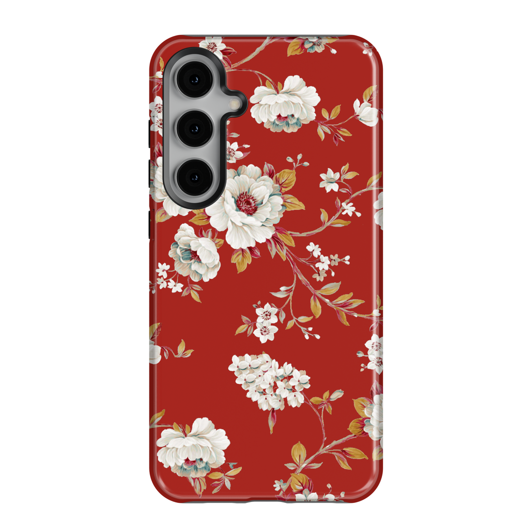 Red floral Samsung Galaxy case with vintage ivory flowers and golden leaves – elegant girly phone cover