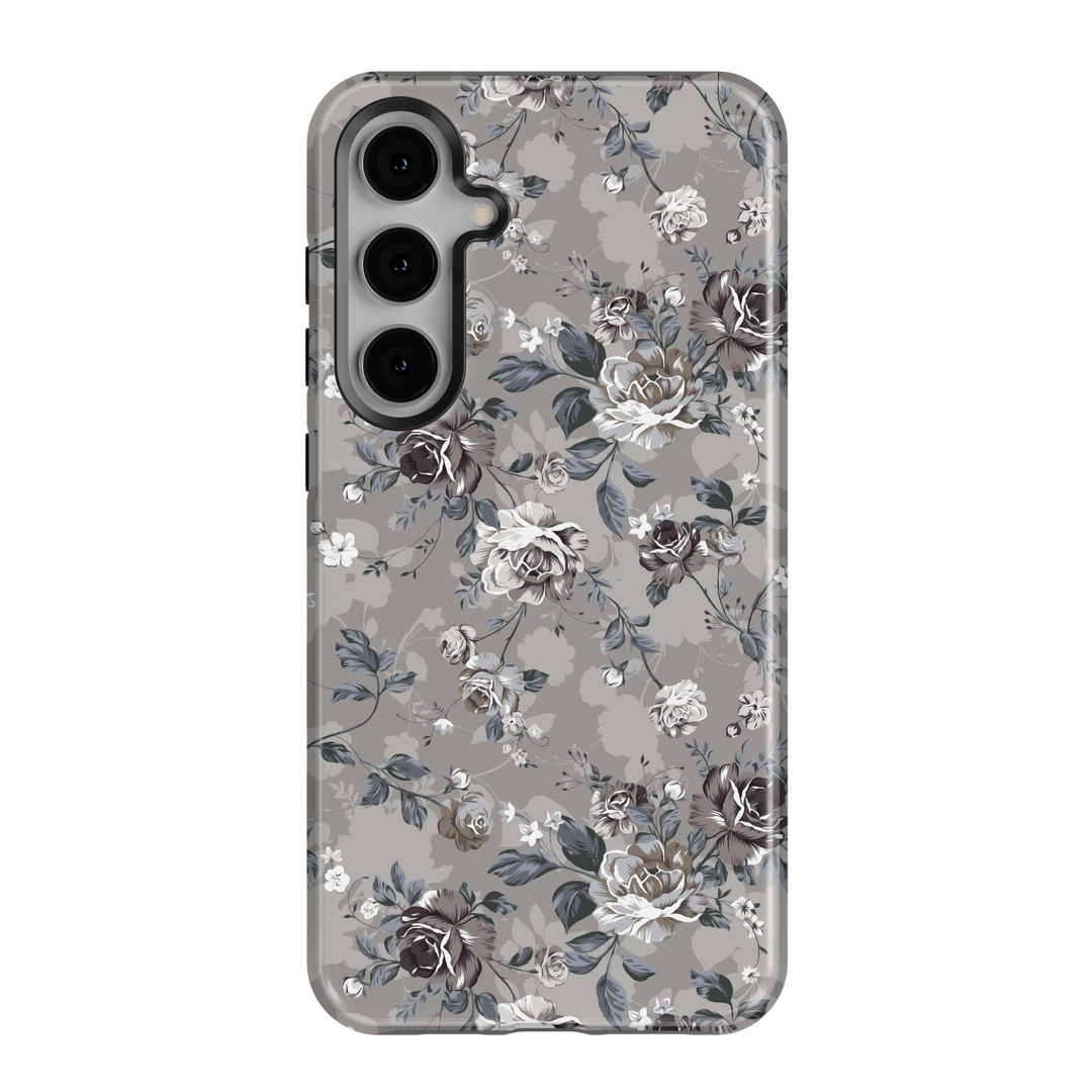 Dark floral Samsung Galaxy phone case with taupe and ivory roses on gray background – moody vintage design for women